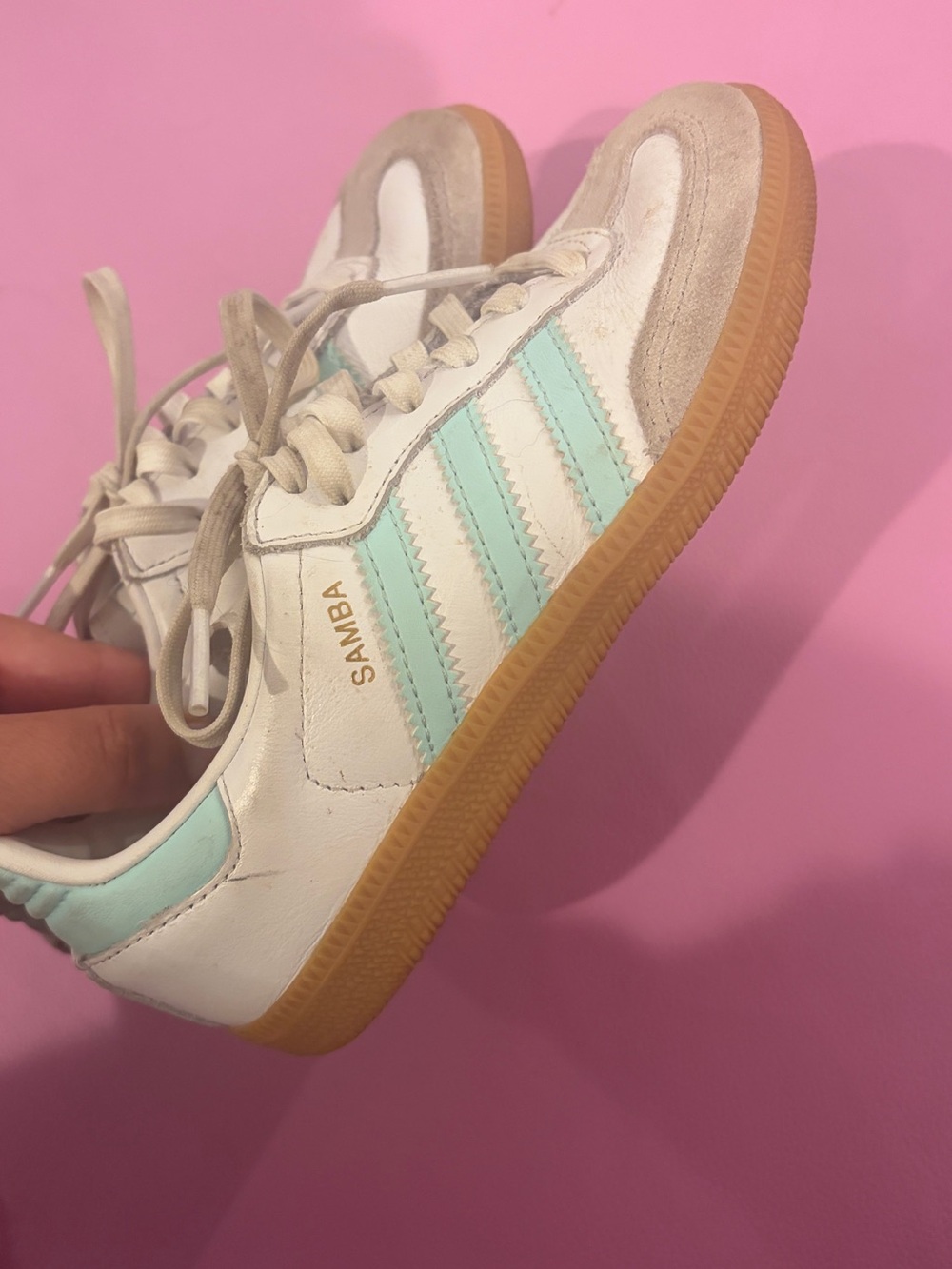 adidas Kids Samba Sneakers in White and Light Teal with Gum Sole